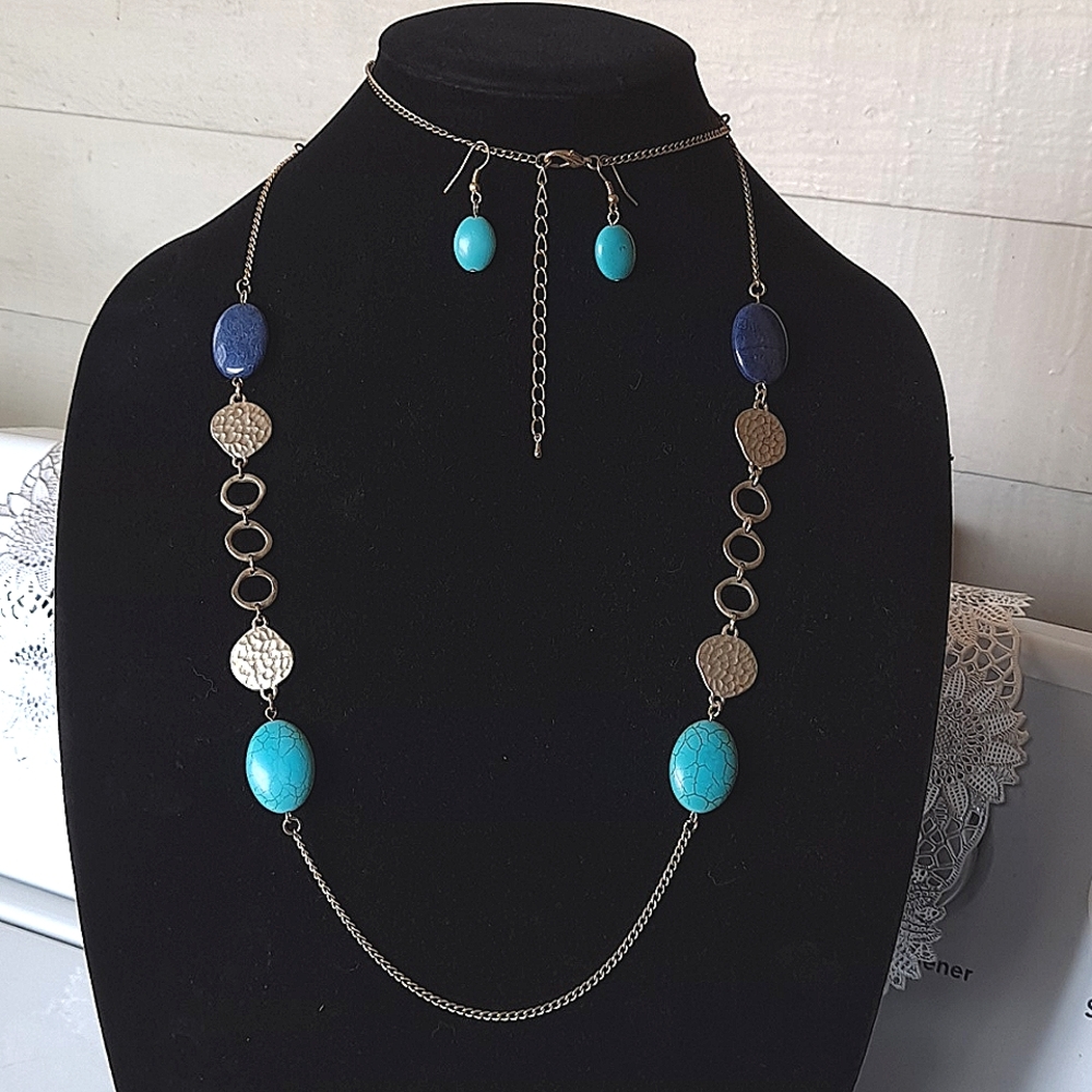Blue Labrodite Turquoise Stone Necklace Earring Set